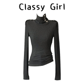 显瘦精致时髦百搭酷感长袖 时髦肩章高领打底衫 女2026春秋修身 T恤