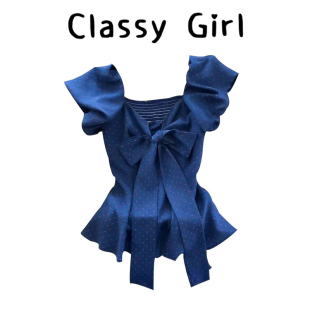 新款 法式 女2026夏季 衬衫 收腰显瘦减龄上衣 甜美风蝴蝶结波点泡泡袖