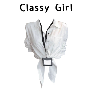 设计感气质肩袢翻领绑带白色衬衫 上衣潮 女早秋独特超好看显瘦长袖
