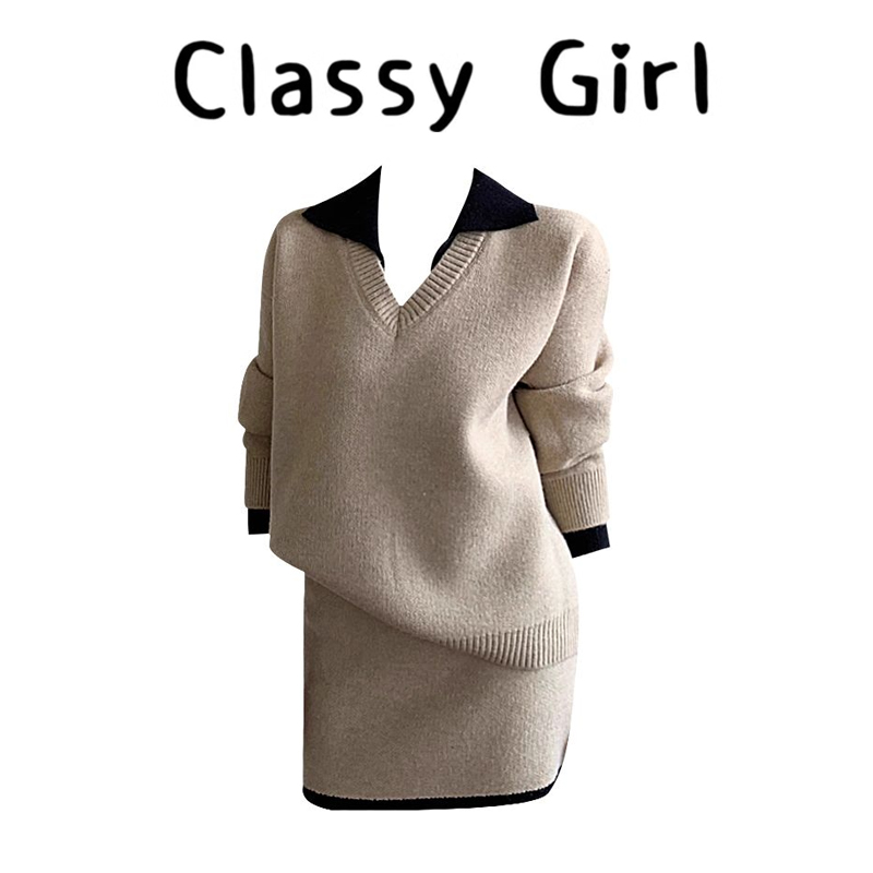 Classy girl 针织休闲套装女秋季V领毛衣女低腰包臀短裙女两件套
