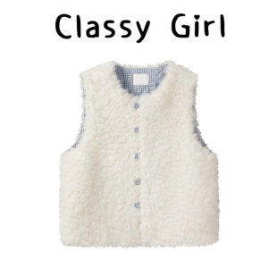 珍珠白拼色蓝格子羊羔毛绒马甲背心外套秋冬季 马夹女 保暖宽松无袖