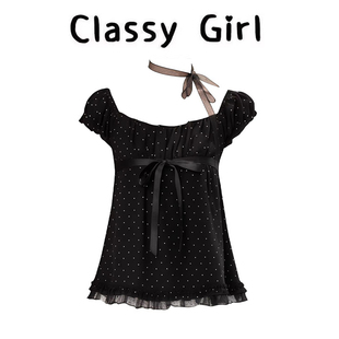 甜妹宽松减龄配飘带上衣 T恤女夏季 法式 波点方领娃娃感收腰泡泡袖