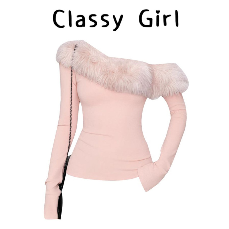 粉色毛领斜肩露肩长袖T恤女秋冬冬季修身收腰内搭打底衫辣妹上衣,女装/女士精品,大码内搭,淘宝优惠券,粉丝福利购,淘宝优惠卷