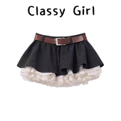 露思同款 黑色高腰显瘦网纱拼接蛋糕裙小个子显高短裙A字半身裙冬