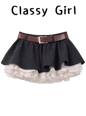露思同款黑色高腰显瘦网纱拼接蛋糕裙小个子显高短裙A字半身裙冬