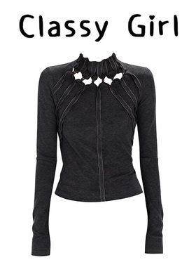 Classy girl 美式复古辣妹镂空长袖t恤女秋季新款设计感修身上衣