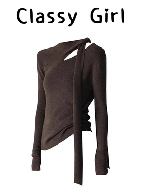辣妹棕色针织衫挂脖上衣女2025年秋季新款围巾领美拉德系穿搭毛衣