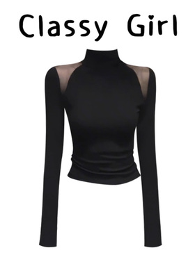 黑色高领网纱拼接打底t恤女秋冬纯欲风性感修身显瘦内搭长袖上衣