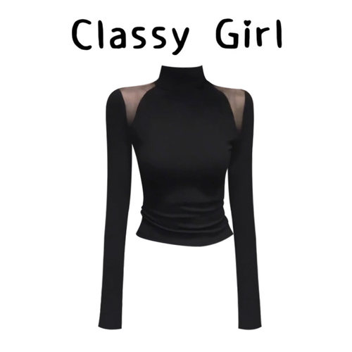 秋冬高领网纱拼接性感修身上衣