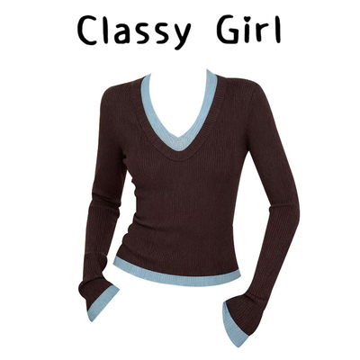 早秋显瘦气质假两件撞色内搭上衣