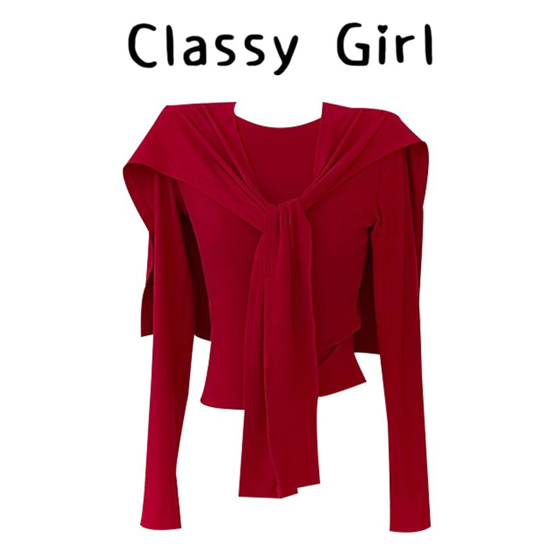 红色磨毛长袖t恤女冬季修身显瘦新年衣服气质外搭披肩短款上衣,女装/女士精品,大码内搭,淘宝优惠券,粉丝福利购,淘宝优惠卷
