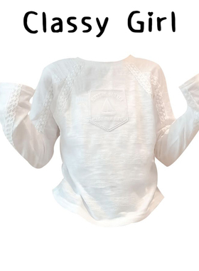 Classy girl 大码法式蕾丝白色长袖正肩t恤女显瘦内搭打底衫上衣