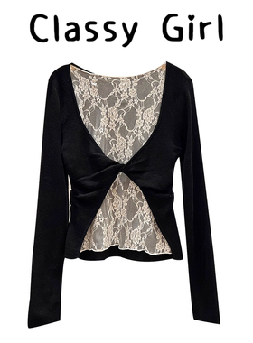 黑色假两件蕾丝长袖针织衫女秋季新款圆领甜辣妹修身设计感上衣