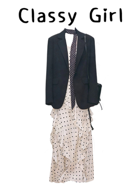 韩系穿搭套装波点连衣裙女2026春夏显瘦通勤高级感黑色西装外套