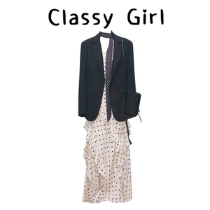 韩系穿搭套装波点连衣裙女2026春夏显瘦通勤高级感黑色西装外套