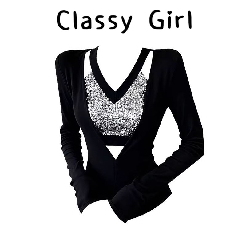 秋冬甜辣妹镂空正肩亮片v领打底衫女内搭修身显瘦长袖t恤绝美上衣,女装/女士精品,大码内搭,淘宝优惠券,粉丝福利购,淘宝优惠卷