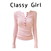 girl 韩系设计感粉色长袖 针织衫 Classy 女秋季 外穿内搭高级感毛衣