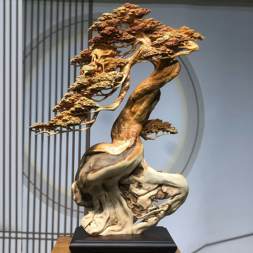 太行崖柏精雕迎客松根雕摆件