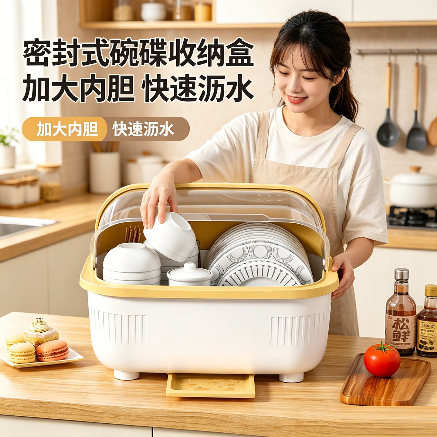厨房碗碟碗盘收纳架盘子沥水碗架放碗餐具盒带盖碗柜小号-浅蓝色