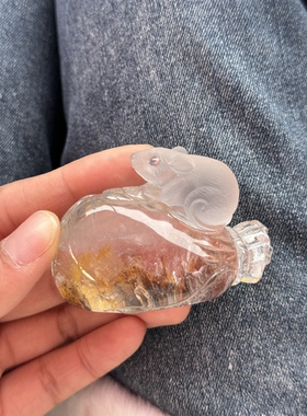 天然白水晶带幽灵鼠来宝钱袋子摆件我自己纯手工雕刻的
