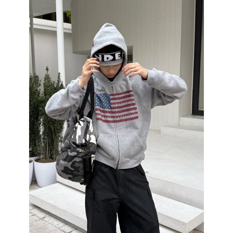 街头风美式国旗印花拉链连帽开衫卫衣男女复古松弛感宽松帽衫外套