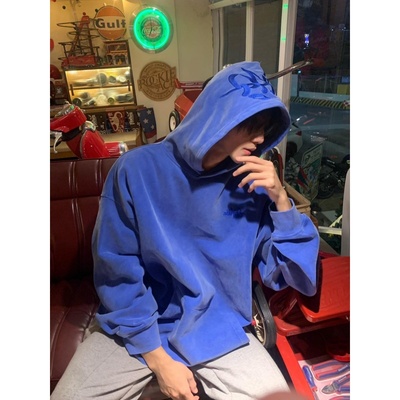 美式蓝帽刺绣加绒卫衣男秋冬宽松