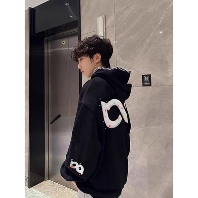 美式波点复古重工刺绣连帽卫衣男