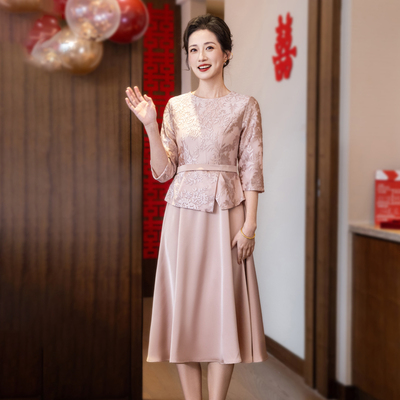 粉色妈妈婚宴礼服高贵年轻冬季小个子喜婆婆婚宴装结婚订婚喜服
