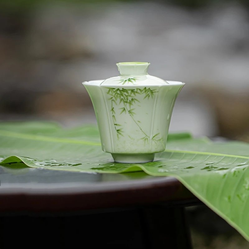 家用手绘盖碗茶杯小苍翠
