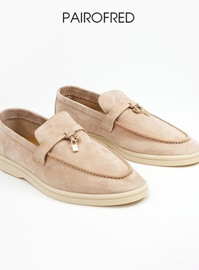 乐福鞋女真皮一脚蹬豆豆鞋平底白底麂皮单鞋舒适皮鞋lpairow