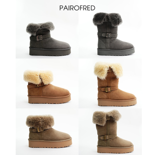 加厚皮毛一体翻毛两穿雪地靴扣带厚底增高中长筒靴不过膝靴棉鞋