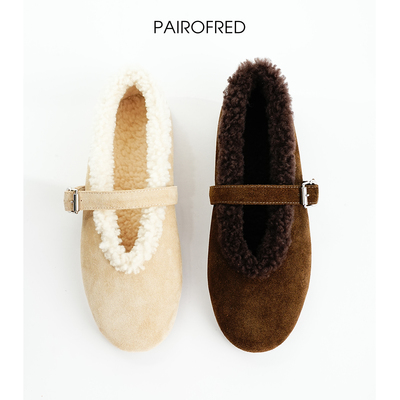 小众羊羔毛平底芭蕾舞鞋一字扣加绒保暖玛丽珍鞋真皮浅口单鞋女