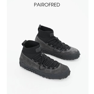 抽绳增高厚底休闲运动鞋 LE风户外登山鞋 拼接麂皮飞织袜套机能鞋