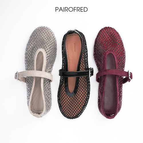 2025夏季芭蕾舞鞋女玛丽珍鞋女平底网纱网眼水钻渔网镂空单鞋凉鞋