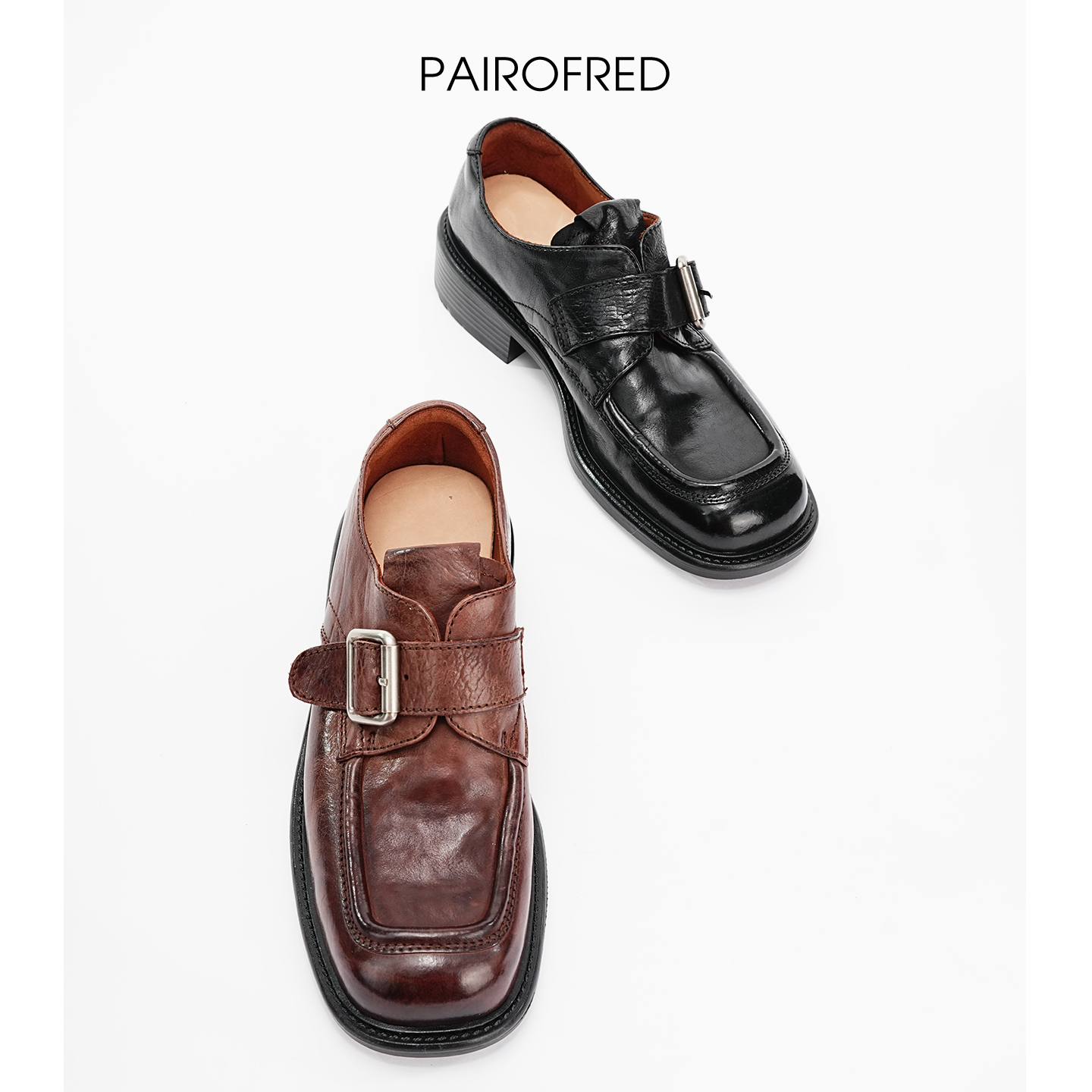 复古水洗牛皮黑孟克乐福鞋方头深口手工鞋皮带扣单鞋小皮鞋