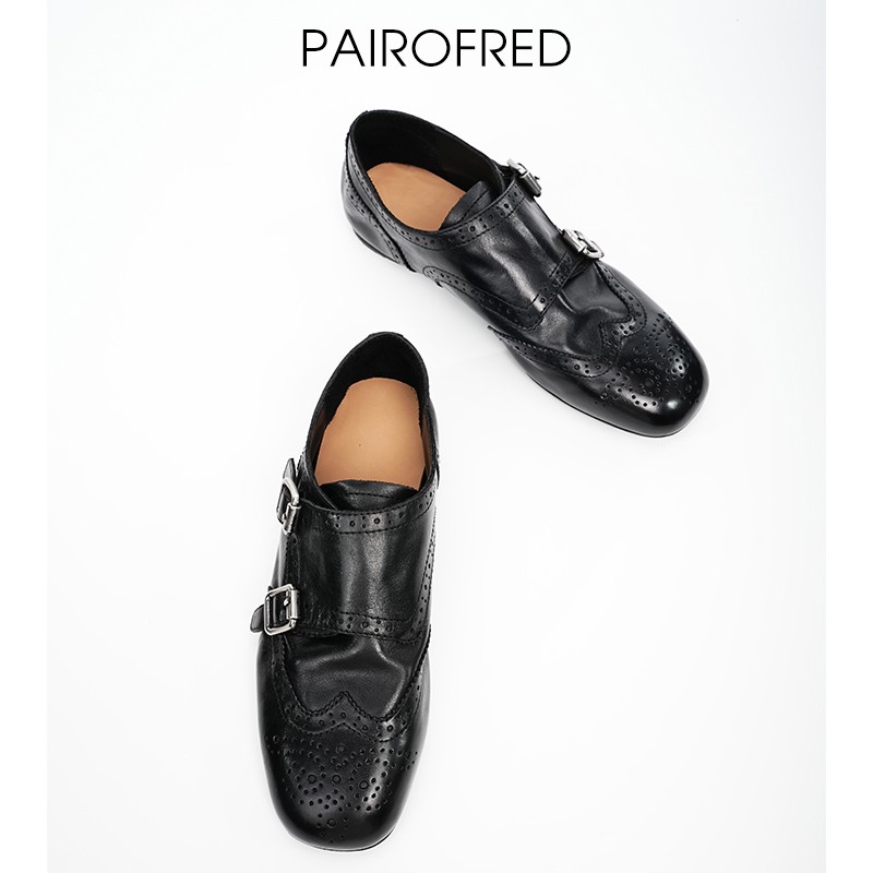 知识分子风手工雕花布洛克英伦复古女鞋牛皮孟克鞋双扣方头小皮鞋