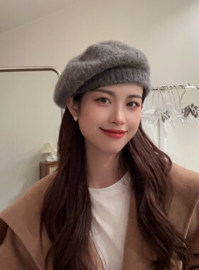羊毛贝雷帽女秋冬爆款针织浅灰色大头围韩版百搭圆顶画家帽显脸小