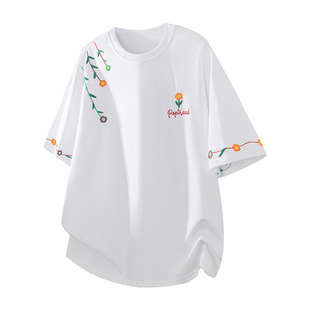 纯棉短袖T恤男款2026夏季新款宽松圆领花卉刺绣图案百搭男士上衣