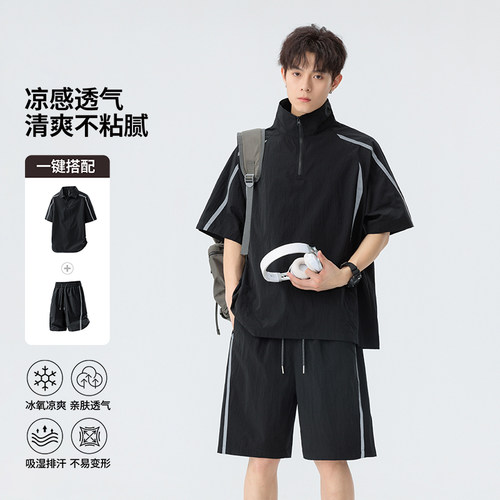 狼杰斯高街运动短袖T恤套装男