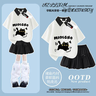 2026夏季新款女童polo衫短袖花苞裙套装卡通黑色小猫洋气潮牌上衣