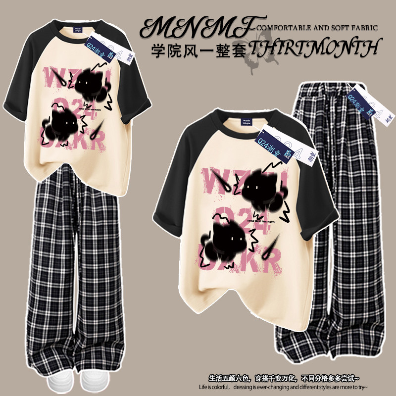 卡通猫咪女童插肩短袖格子裤套装