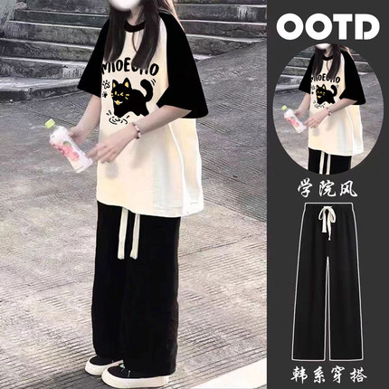 潮牌卡通小猫女童纯棉短袖T恤套装夏季新款中大童休闲裤子两件套