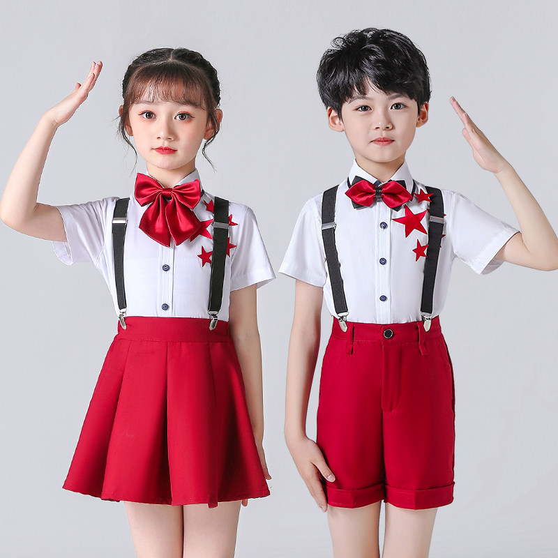 儿童表演服装大合唱团演出服小学生幼儿园建党爱国红歌背带裤礼服