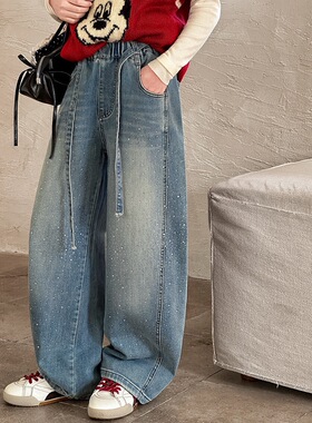 Choice.i Girl 女童女大童烫钻满天星宽松直筒弯刀裤牛仔裤