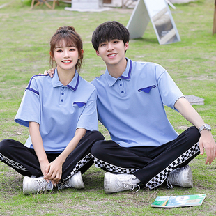 班服初中生夏季两件套polo衫短袖T恤+格子长裤高中生运动会服装