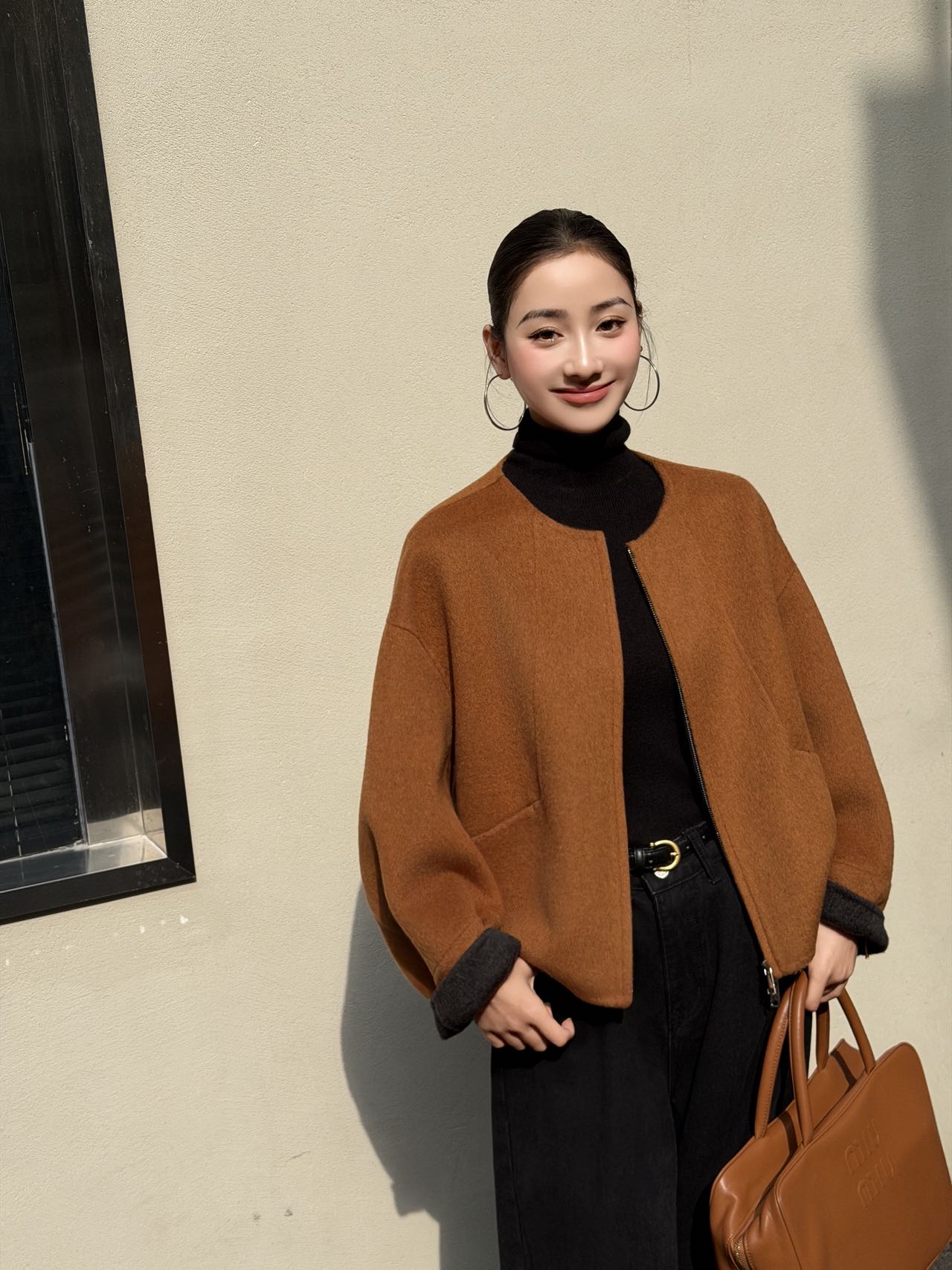 韩版双面羊绒大衣短款女25秋冬新款圆领宽松显瘦小个子羊毛外套