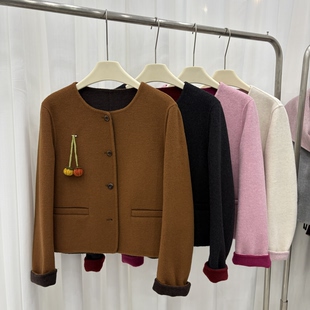 韩版双面羊绒大衣短款女25秋冬新款圆领宽松显瘦小个子羊毛外套