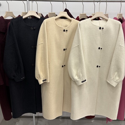 韩版双面羊绒大衣中长款女25秋冬新款圆领宽松显瘦小个子羊毛外套