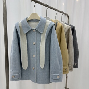 黄色连帽可卸双面羊绒大衣短款2025秋冬新款韩版小个子羊毛外套女