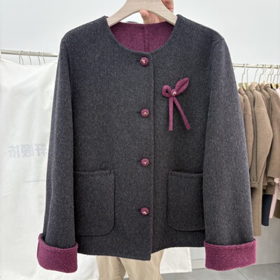 2025秋冬新款小香风外套女短款圆领单排扣宽松显瘦羊毛呢外套女
